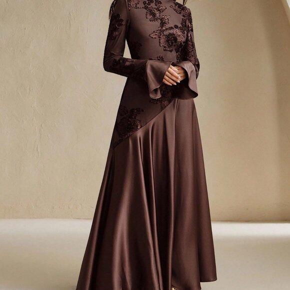 Deep Brown Elegant Women's Floral embroidered bodice with Bell Sleeve Maxi Dress - Picture 4 of 7